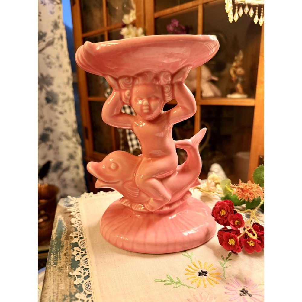 80's Vintage Pink Ceramic Cherub & Dolphin Soap Jewelry Trinket Dish